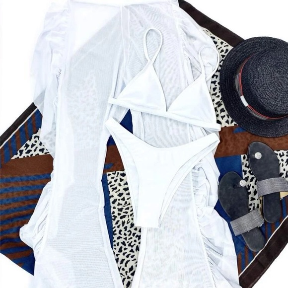 White high cut bikini with ruffle beach pants, never worn - Picture 2 of 2